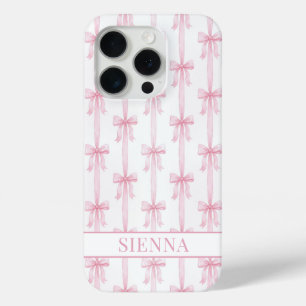 Pink Coquette Bows Striped Monogrammed iPhone 15 Pro Case