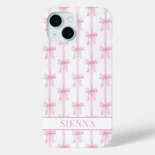Pink Coquette Bows Striped Monogrammed iPhone 15 Case