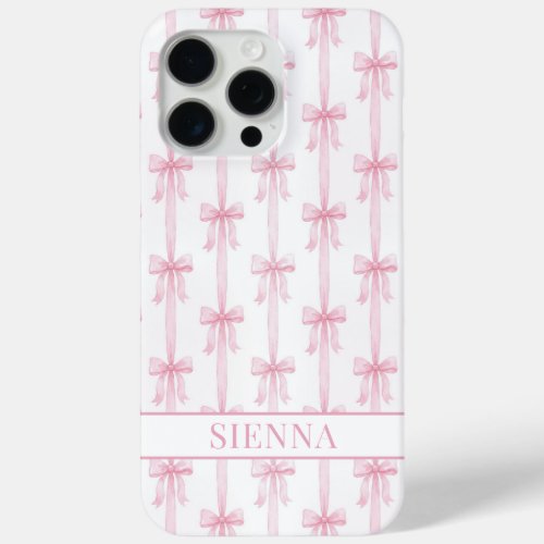 Pink Coquette Bows Striped Monogrammed iPhone 15 Pro Max Case