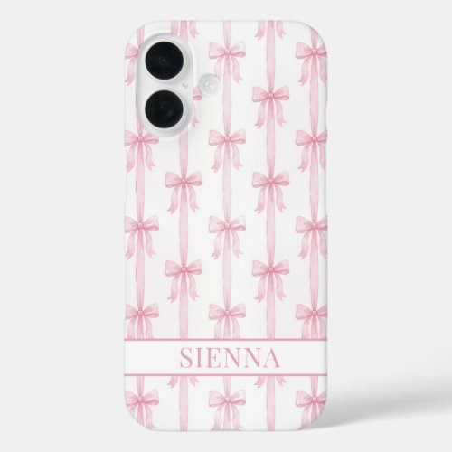 Pink Coquette Bows Striped Monogrammed iPhone 16 Case