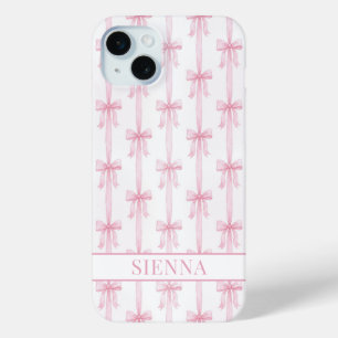 Pink Coquette Bows Striped Monogrammed iPhone 15 Plus Case