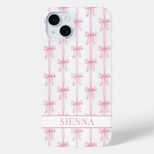 Pink Coquette Bows Striped Monogrammed iPhone 15 Plus Case