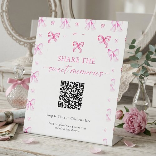 Pink Coquette Bridal Shower QR Code Photo Sharing  Pedestal Sign