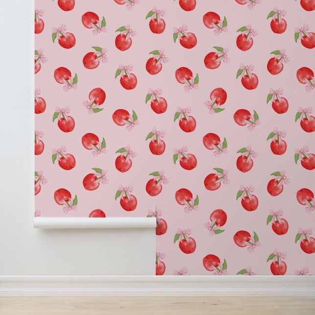 Pink Coquette Cherries and Bows Peel and Stick Wallpaper (Application)