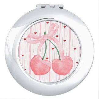 Pink Coquette Cherry Bow Hearts Compact Mirror