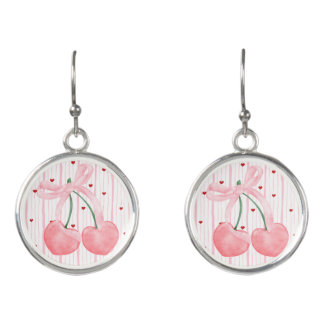 Pink Coquette Cherry Bow Hearts Earrings
