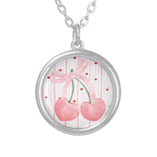 Pink Coquette Cherry Bow Hearts Silver Plated Necklace