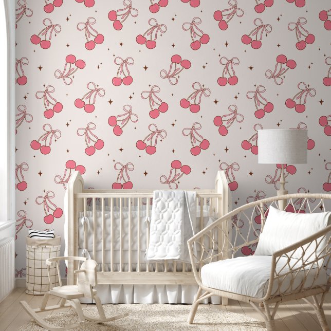 Pink Coquette Cherry Bow Pattern Wallpaper Wallpaper (Kids)