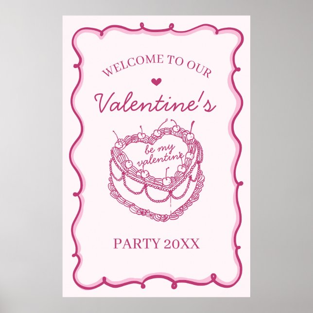 Pink Coquette Cherry Cake Valentines Party Welcome Poster (Front)