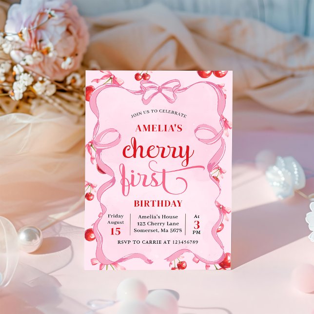 Pink Coquette Cherry First Birthday Invitation (Creator Uploaded)
