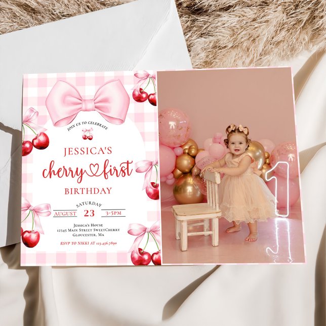 Pink Coquette Cherry First Birthday Party Photo Invitation (Creator Uploaded)
