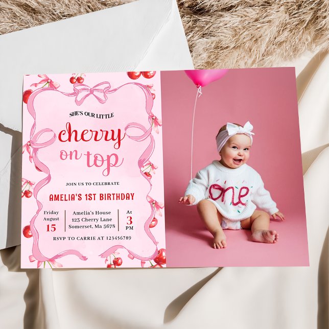 Pink Coquette Cherry on Top Birthday Photo Invitation (Creator Uploaded)