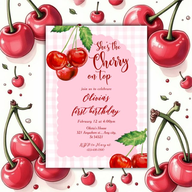 pink Coquette Cherry on top Girl 1st Birthday  Invitation (Creator Uploaded)