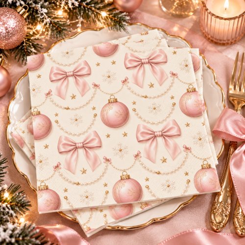 Pink Coquette Christmas Bows &amp; Pearls Paper Napkin