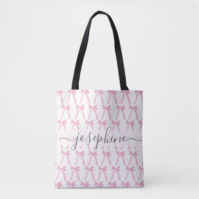 Pink coquette cute bow ribbons personalized tote bag (Front)