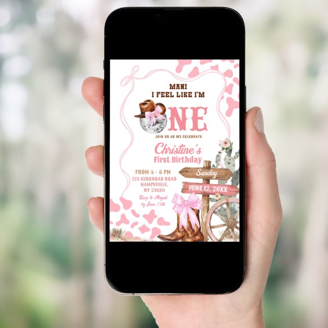 Pink Coquette Disco Cowgirl Like One 1st Birthday Invitation (Front Digital)