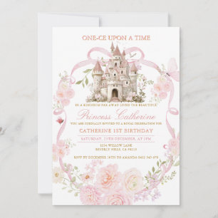 Pink Coquette Floral Castle First Birthday Invitation