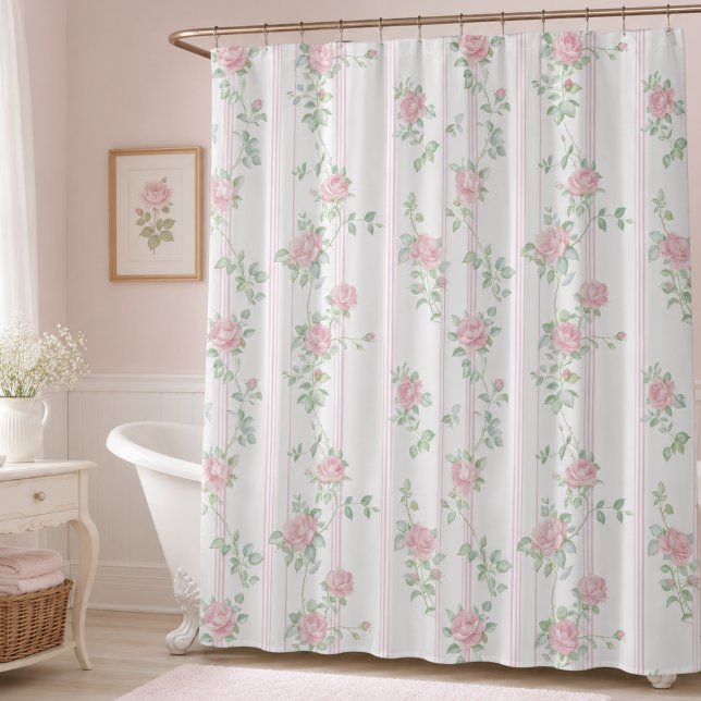 Pink Coquette Floral Shower Curtain (elegant shabby chic girly pale pink floral coquette rose stripe shower curtain)