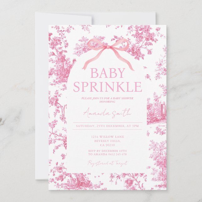 Pink Coquette Floral Toile Baby Sprinkle Vintage Invitation (Front)