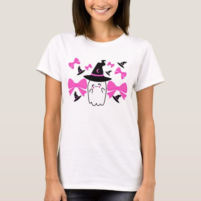 Pink Coquette Ghost with Bows Halloween T-Shirt (Front)