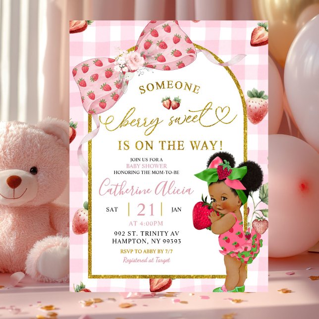 Pink Coquette Gingham Strawberry Sweet Baby Shower Invitation (Creator Uploaded)