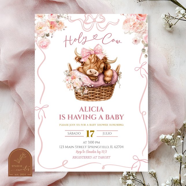 Pink Coquette Girl Highland Cow Baby Shower Invitation (Creator Uploaded)