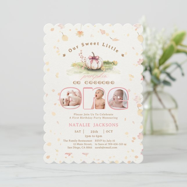 Pink Coquette Little Pumpkin 3 Photos 1st Birthday Invitation (Standing Front)