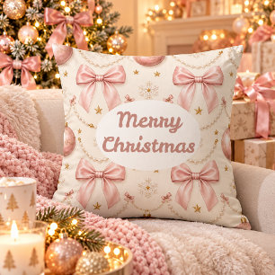 Pink Coquette Merry Christmas Bows & Pearls Throw  Pillow
