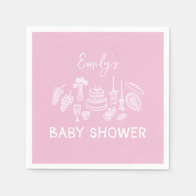 Pink coquette modern hand drawn baby shower napkins (Front)