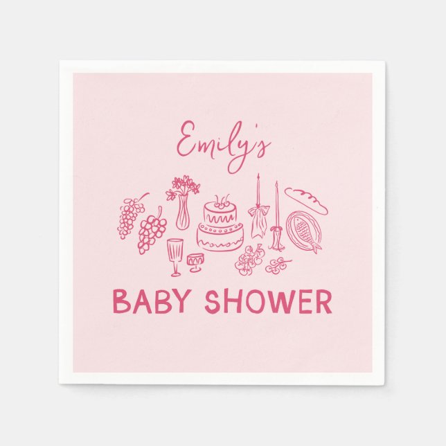 Pink coquette modern hand drawn baby shower napkins (Front)