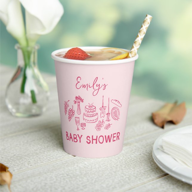 Pink coquette modern hand drawn baby shower paper cups (Insitu)
