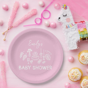 Pink coquette modern hand drawn baby shower paper plates