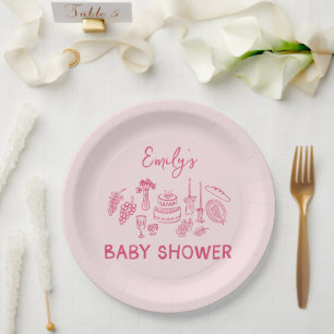 Pink coquette modern hand drawn baby shower paper plates