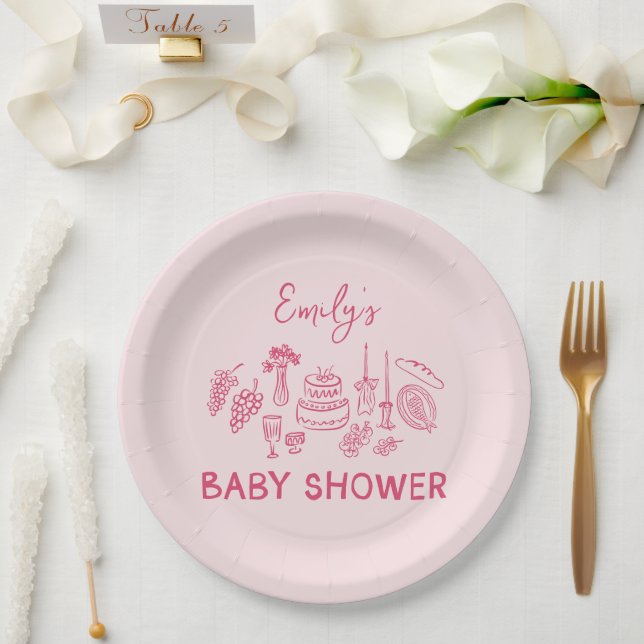 Pink coquette modern hand drawn baby shower paper plates (Wedding)