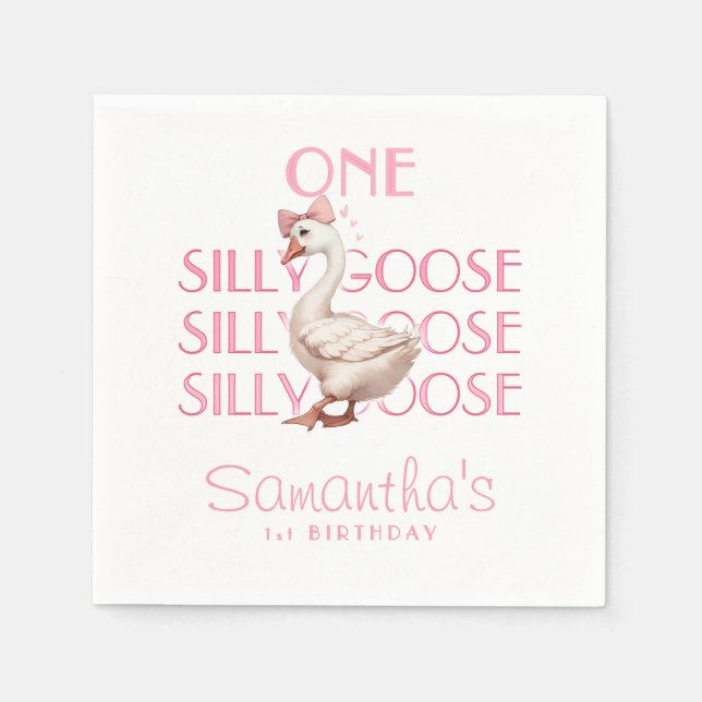 Pink Coquette One Silly Goose Girl 1st Birthday Napkins (Front)