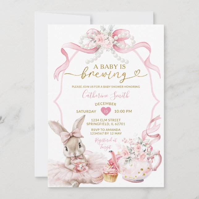 Pink Coquette Pearl Brewing Bunny Girl Baby Shower Invitation (Front)