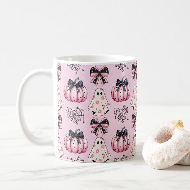 Pink Coquette Pumpkin Ghosts Halloween Pattern  Coffee Mug (With Donut)