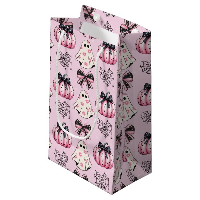 Pink Coquette Pumpkin Ghosts Halloween Pattern  Small Gift Bag (Front Angled)