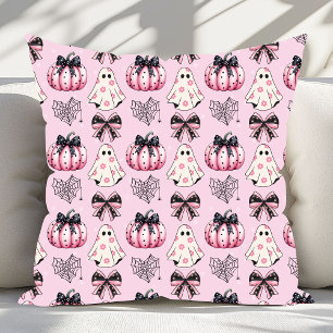 Pink Coquette Pumpkin Ghosts Halloween Pattern  Throw Pillow