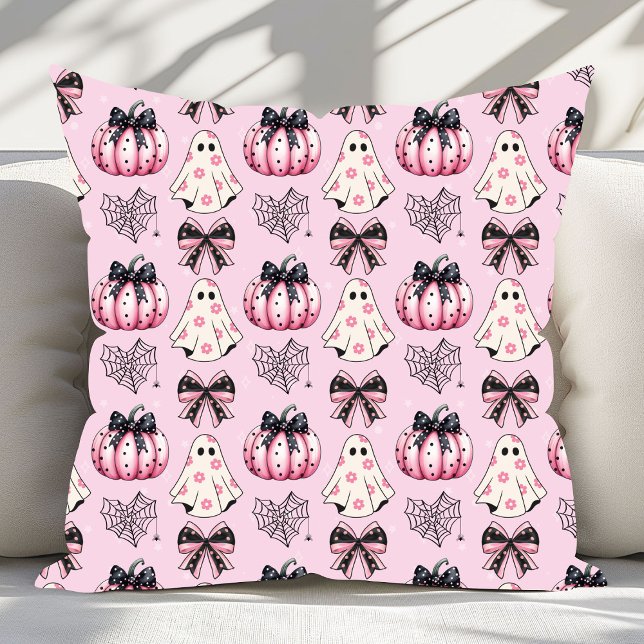 Pink Coquette Pumpkin Ghosts Halloween Pattern  Throw Pillow (Creator Uploaded)