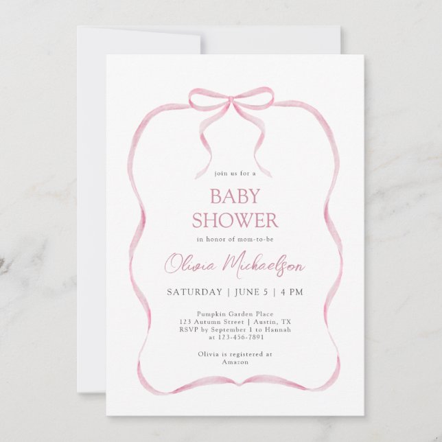 Pink Coquette Ribbon Bow Elegant Girl Baby Shower Invitation (Front)