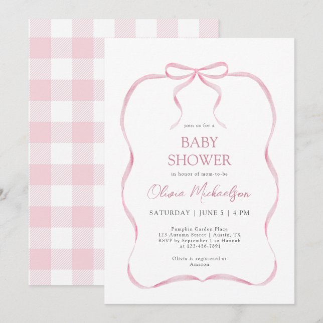 Pink Coquette Ribbon Bow Modern Girl Baby Shower Invitation (Front/Back)