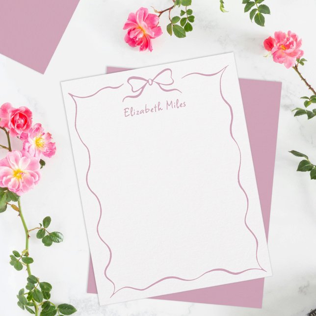 Pink Coquette Ribbon Wavy Border Personalized Note Card (Creator Uploaded)