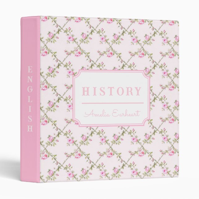 Pink Coquette Rose Trellis School Subject 3 Ring Binder (Front/Spine)