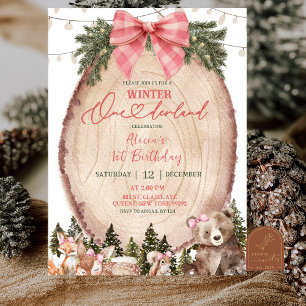 Pink Coquette Rustic Winter Forest 1st Birthday  Invitation