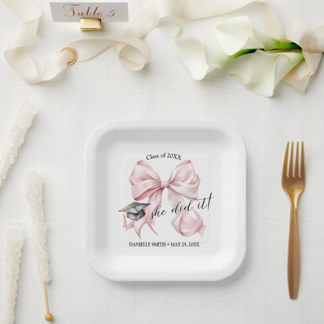 Pink Coquette She Did It Square Paper Plates (Wedding)