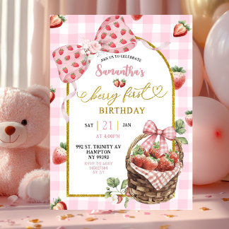 Pink Coquette Strawberry Gingham First Birthday Invitation