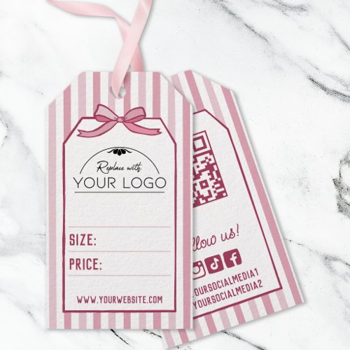 Pink Coquette Stripes & Bow Handdrawn Your Logo Gift Tags