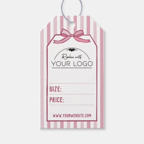 Pink Coquette Stripes & Bow Handdrawn Your Logo Gift Tags