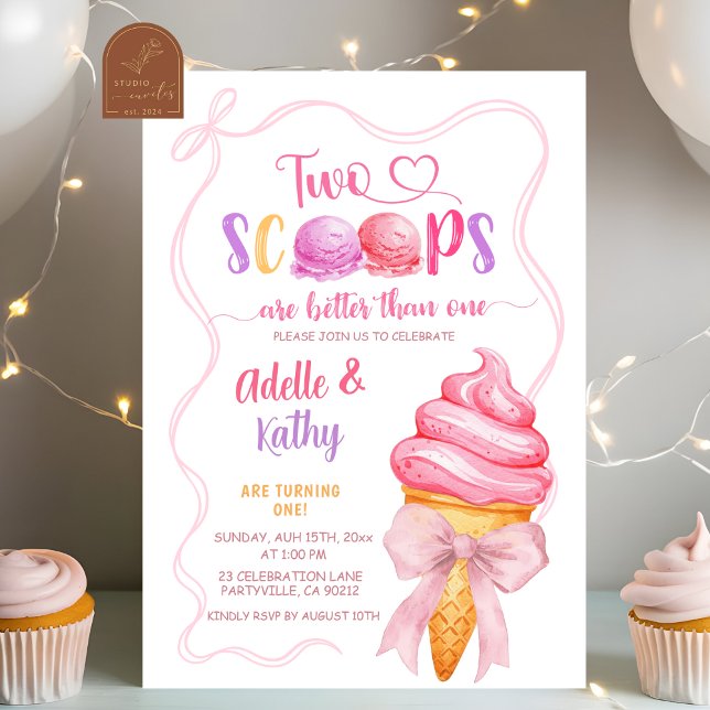 Pink Coquette Summer Ice Cream Twins Birthday Invitation (Creator Uploaded)